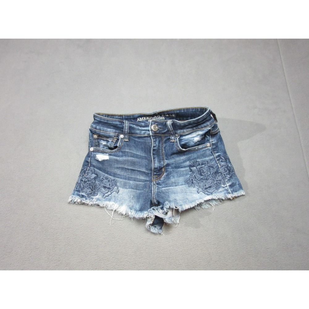 American Eagle Outfitters Shorts Womens 4 Blue Denim Floral Embroidery Raw Hem